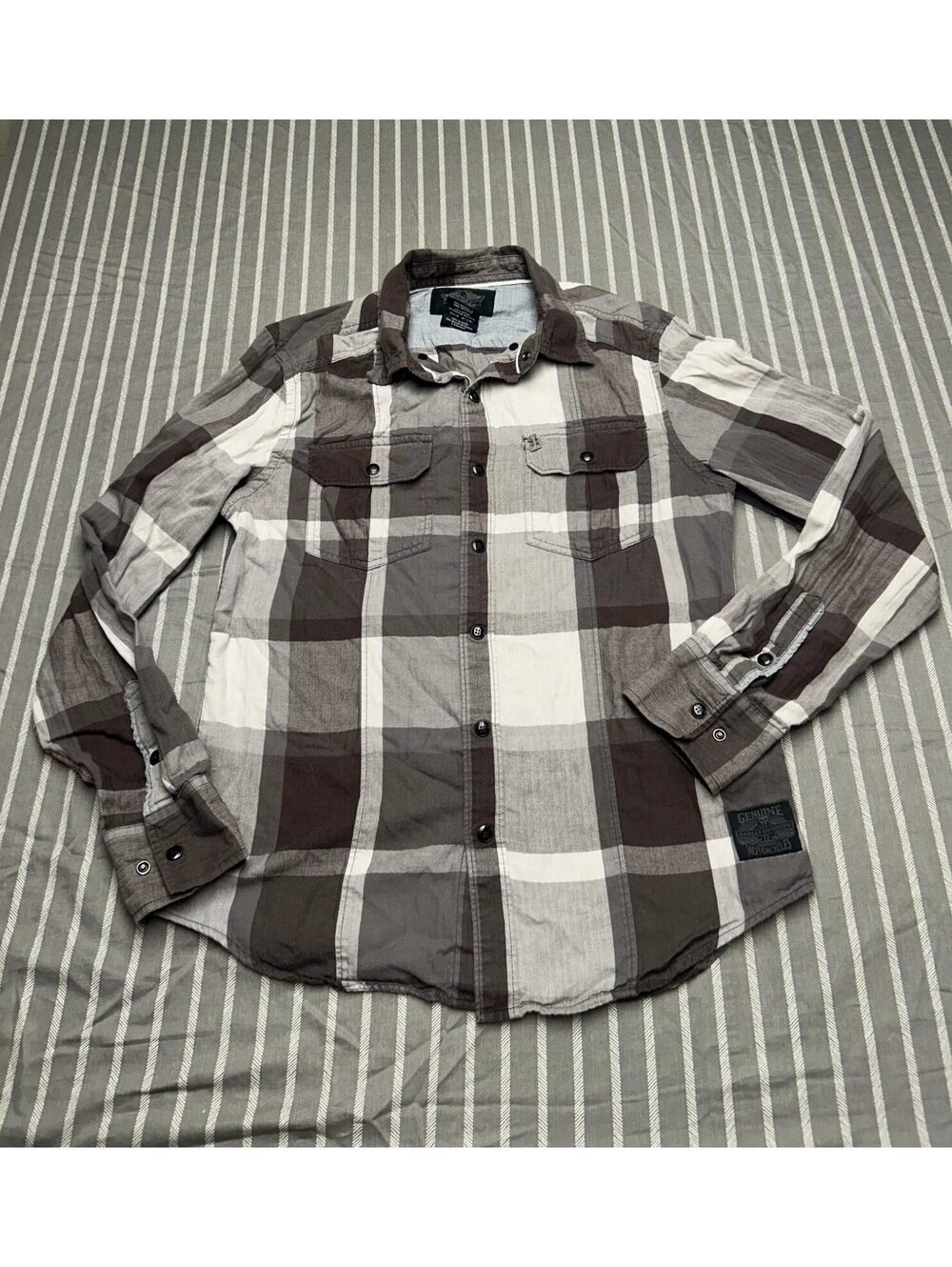 Harley-Davidson Number One Skull Gray Plaid Long Sleeve Button-Down Shirt Men M